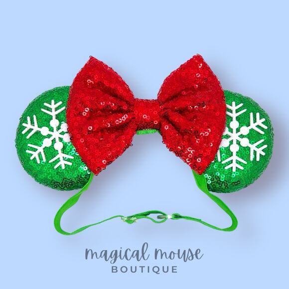 🎄 Evergreen Sparkle Elastic Minnie Ears | Disney Inspired Adjustable Headband - Picture 1 of 4